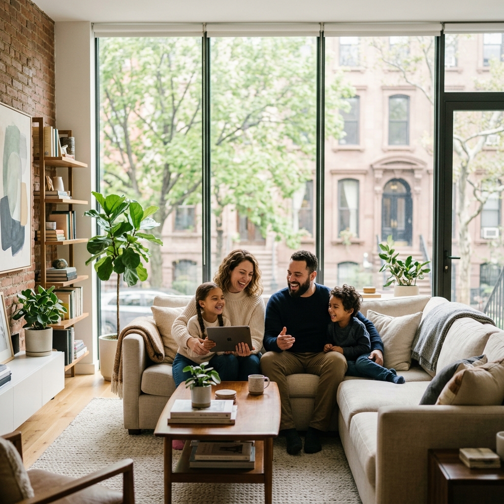 A family connecting at home in a Brooklyn brownstone